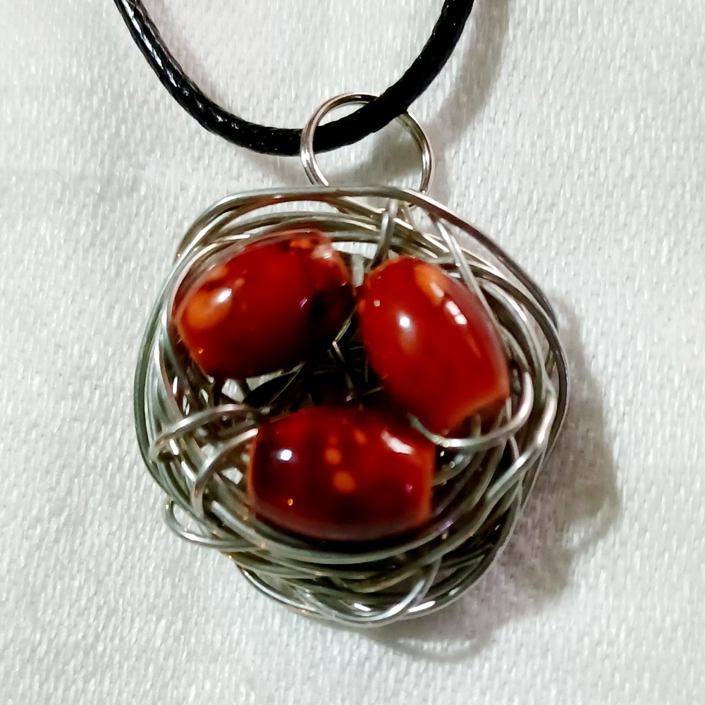 Birds nest dragon eggs pendant necklace charm silver red orange handmade jewelry